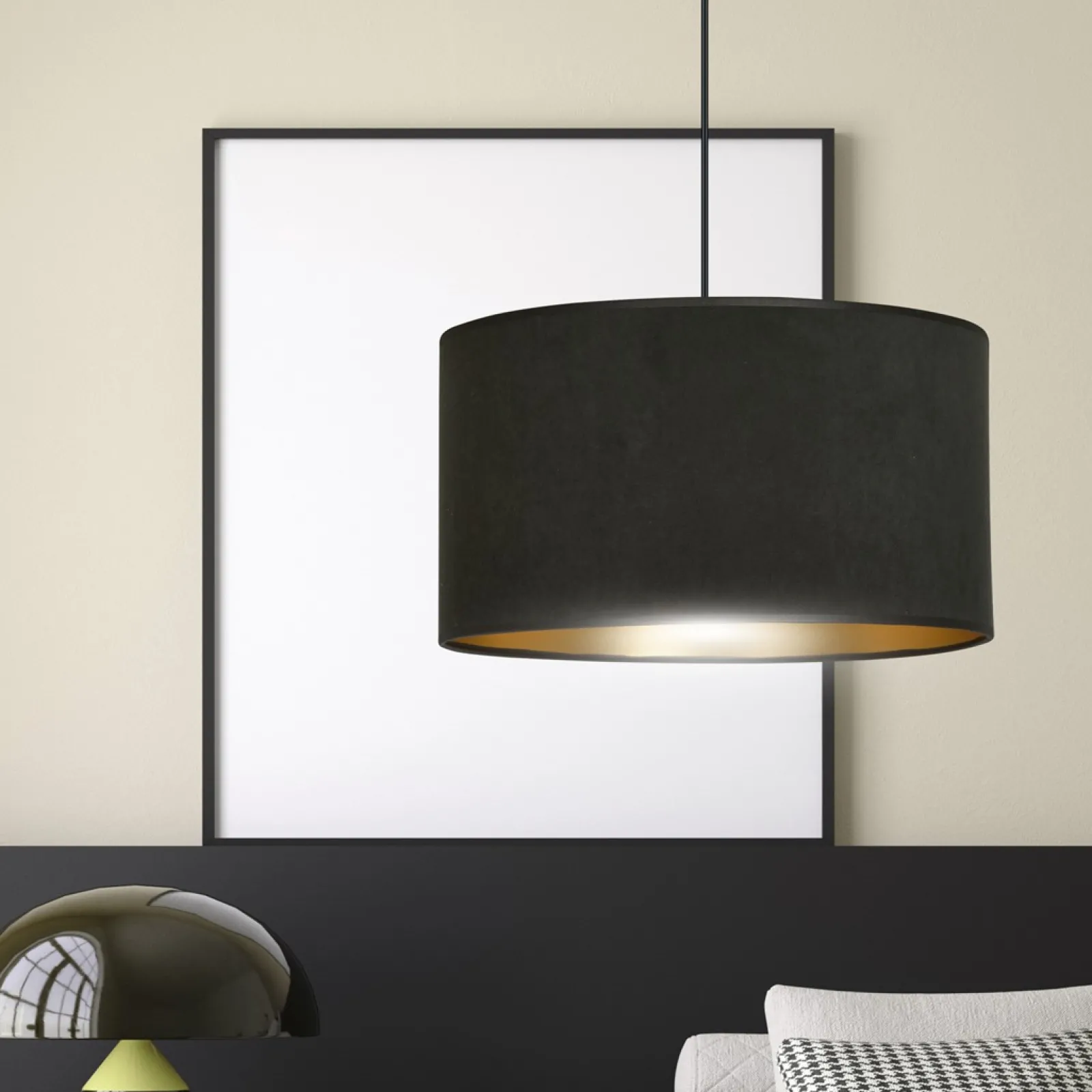 Sklep Kaja Klasyczna lampa wisząca z czarno-złotym abażurem 1054/1 HILDE | Kaja* Żyrandole Z Abażurem