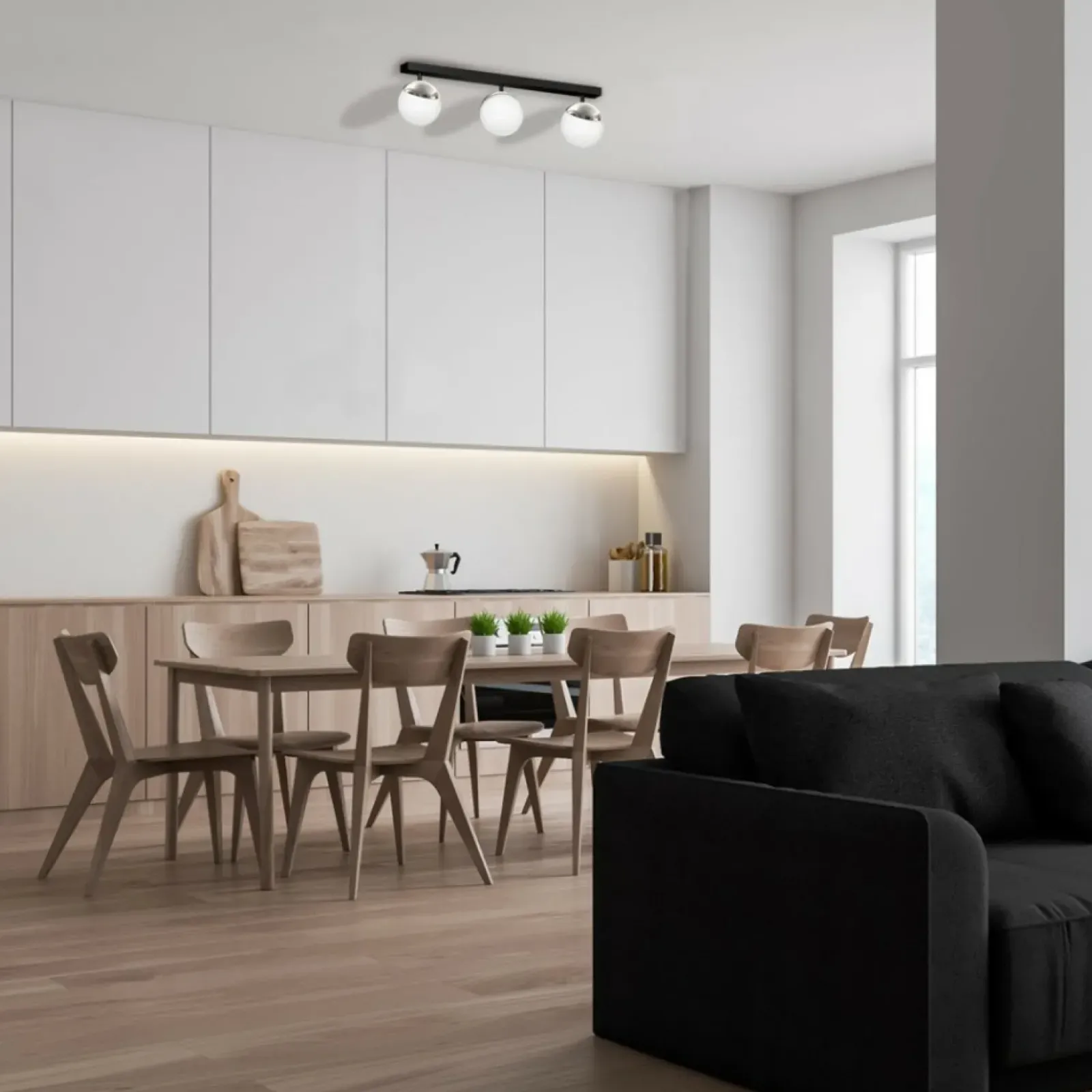 Sklep Kaja Lampa sufitowa na podłużnej listwie, trzy klosze MLP8873 z serii SFERA | Kaja Oś chrom Outlet
