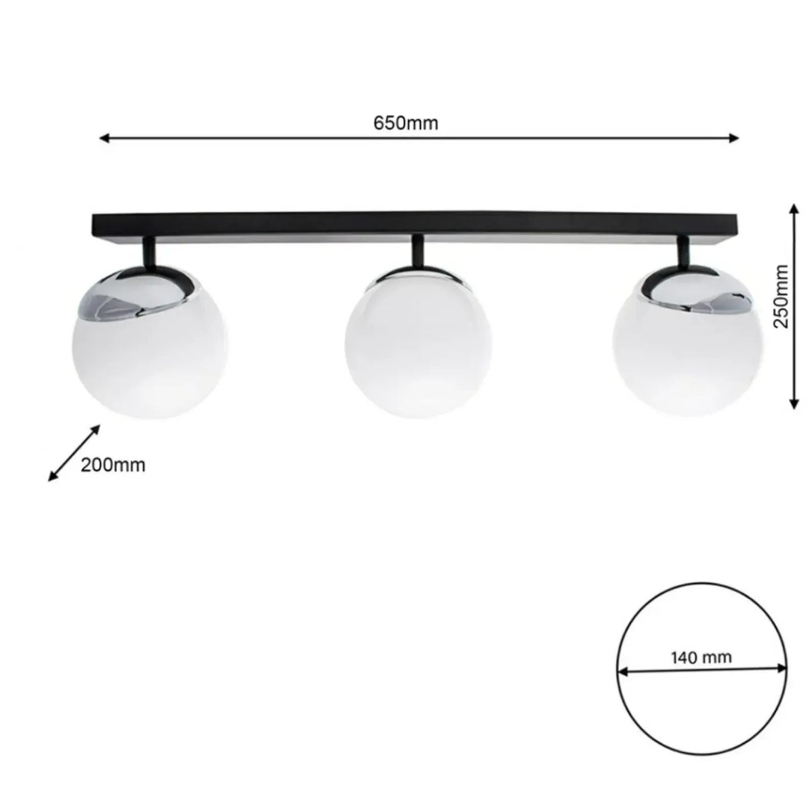 Sklep Kaja Lampa sufitowa na podłużnej listwie, trzy klosze MLP8873 z serii SFERA | Kaja Oś chrom Outlet