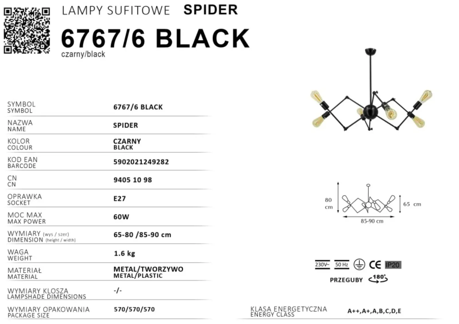 Sklep Kaja Lampa wisząca na ozdobne żarówki 6767/6 BLACK SPIDER | Kaja Discount