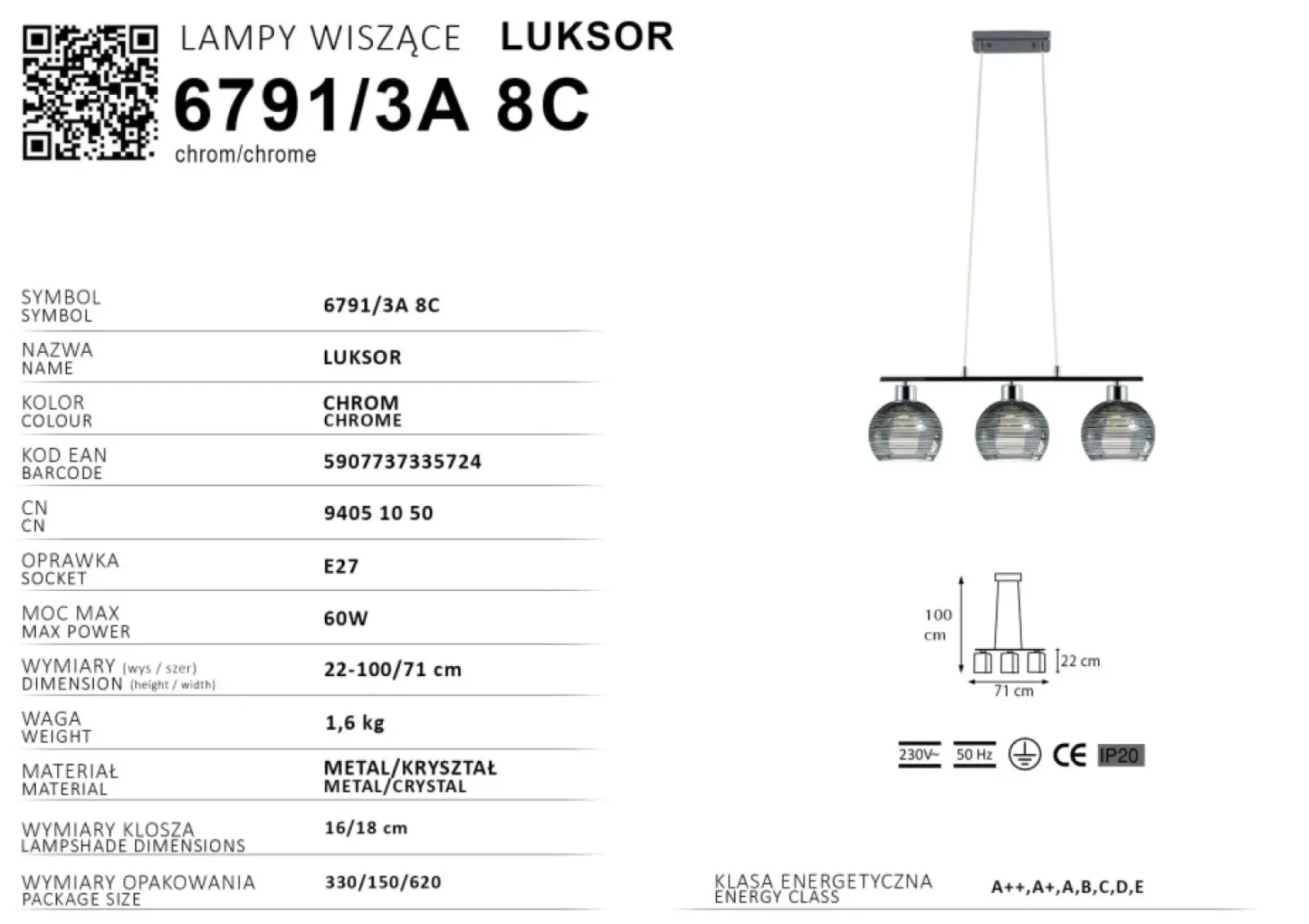 Sklep Kaja Liniowa lampa nad wyspę kuchenną 6791/3A 8C LUKSOR | Kaja Oświetlenie Store