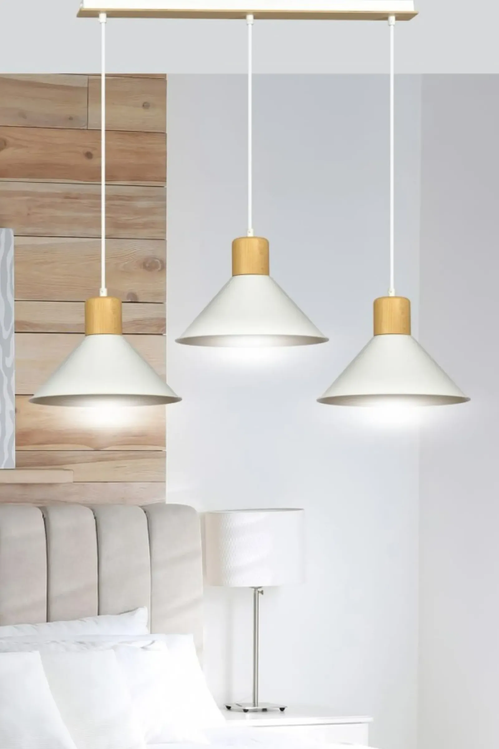 Sklep Kaja Potrójna lampa wisząca z dodatkami drewna 1045/3 ROWEN | Kaja biały Shop