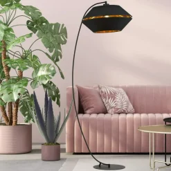 Sklep Kaja Wygięta lampa z abażurem ze złotym wnętrzem 1183/LP z serii PIANO* Lampy Podłogowe Z Abażurem