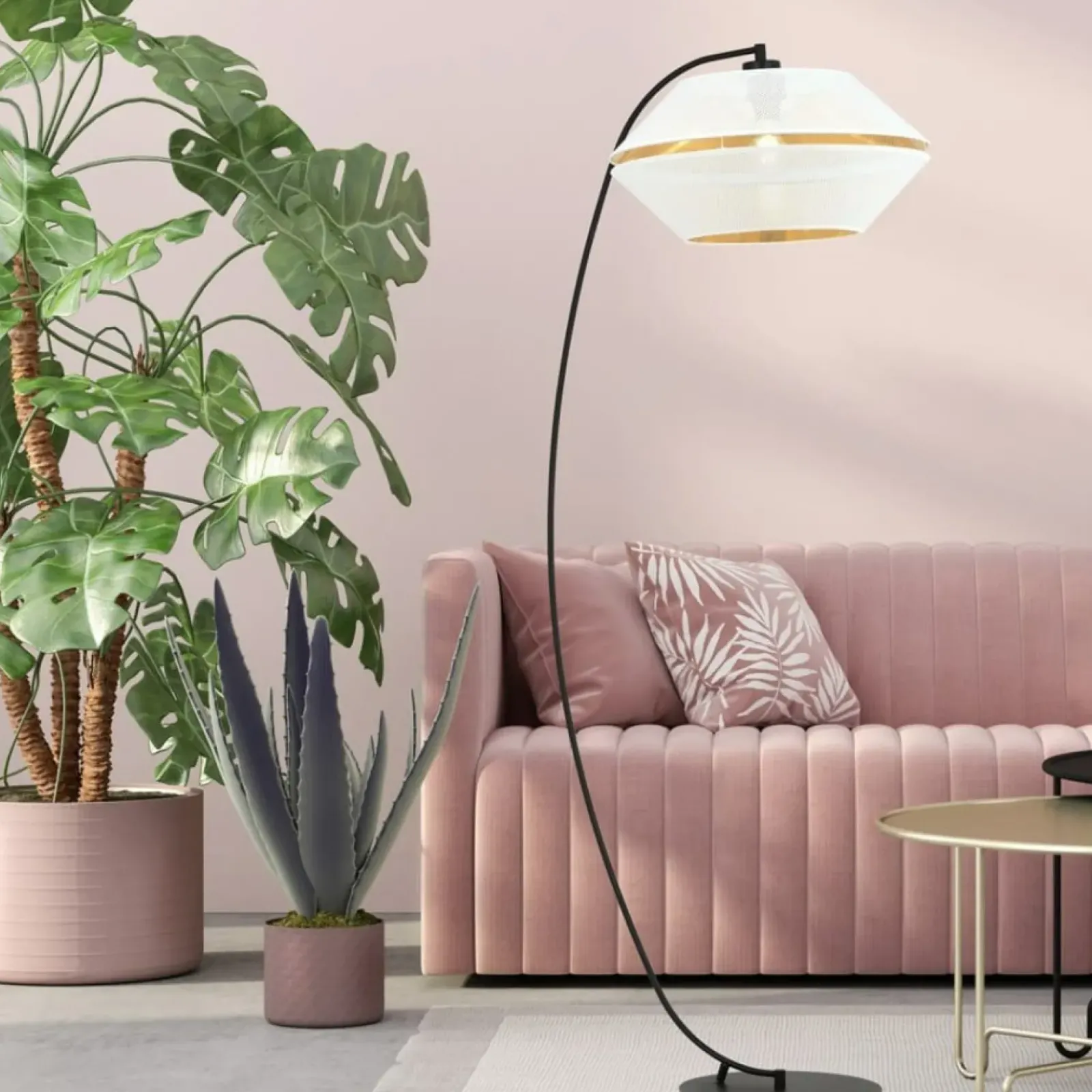 Sklep Kaja Wygięta, ozdobna lampa stojąca z białym abażurem 1184/LP z serii MALIA* Lampy Podłogowe Z Abażurem