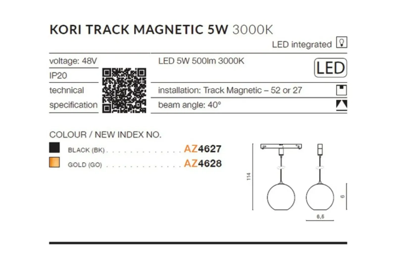 Sklep Kaja Złota kula LED do szyny 1-fazowej magnetycznej AZ4628 z serii KO* Szynoprzewody Podtynkowe|Szynoprzewody Natynkowe